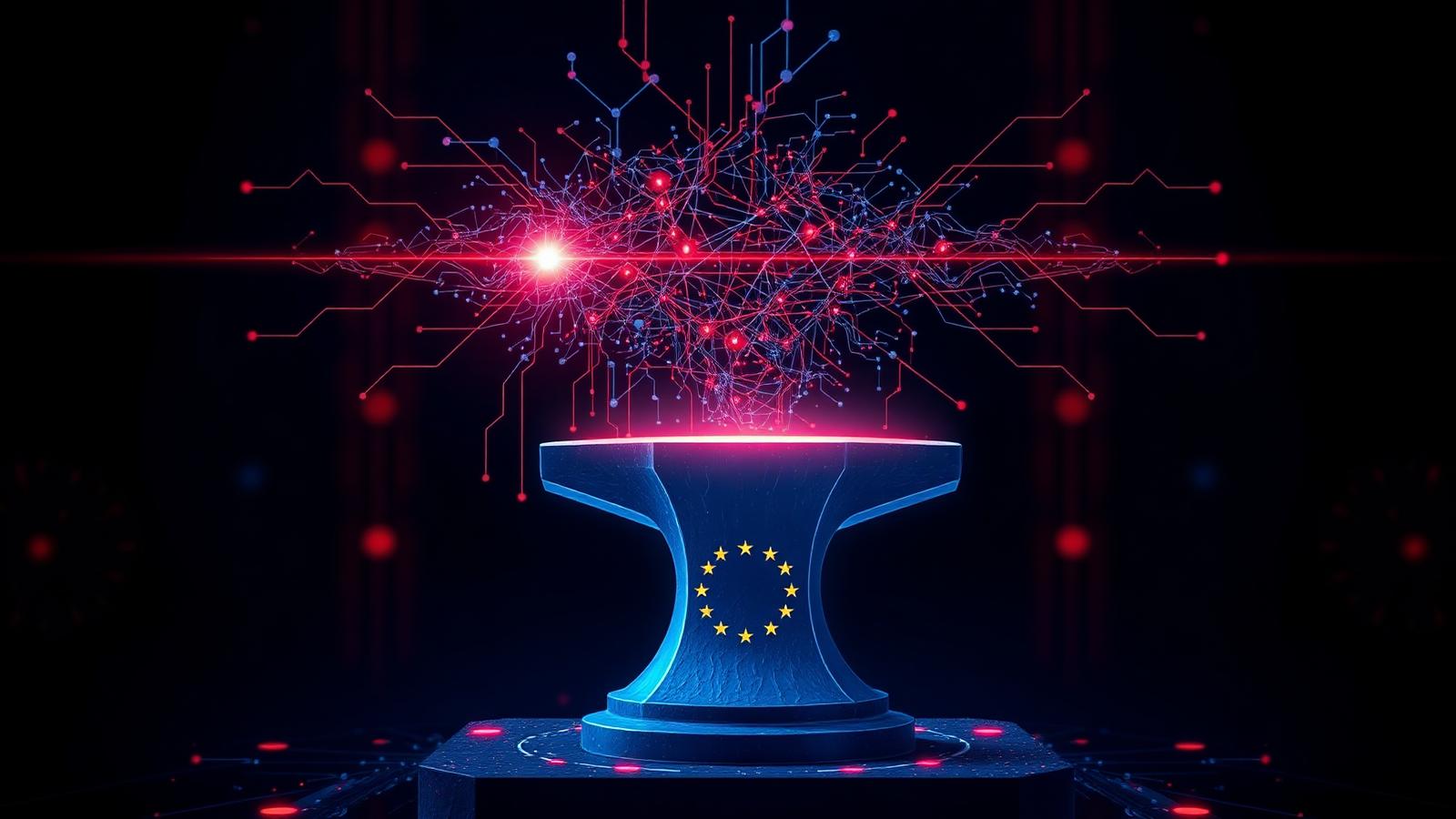 Neuronales Netz über einem Amboss mit EU-Sternen