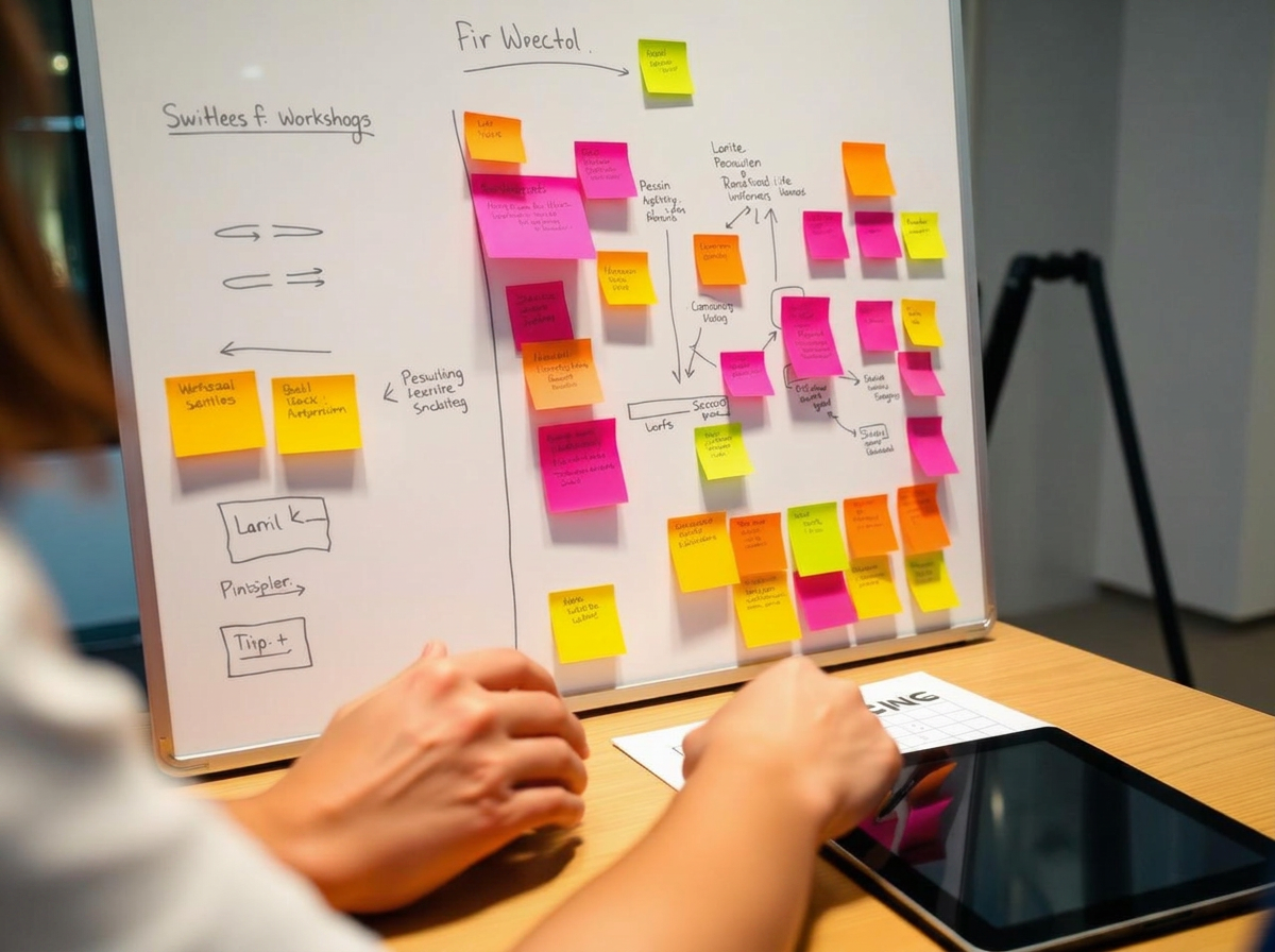 Workshop-Szene mit Whiteboard, Sticky Notes und Tablet