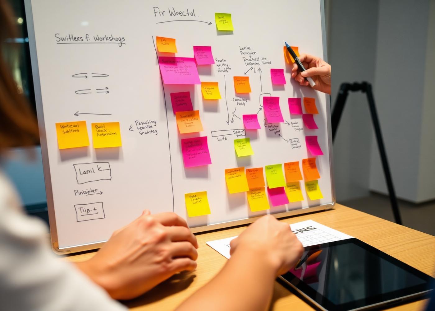 Workshop-Szene mit Whiteboard, Sticky Notes und Tablet